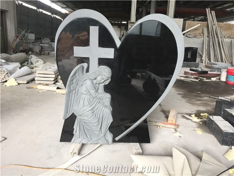 Black Heart Monument with Angel and Cross Carved
