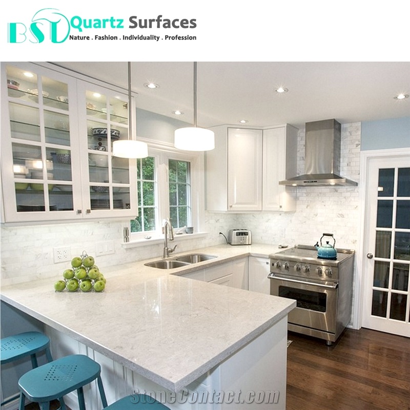 Pink Veined Quartz Stone for Kitchen Countertop
