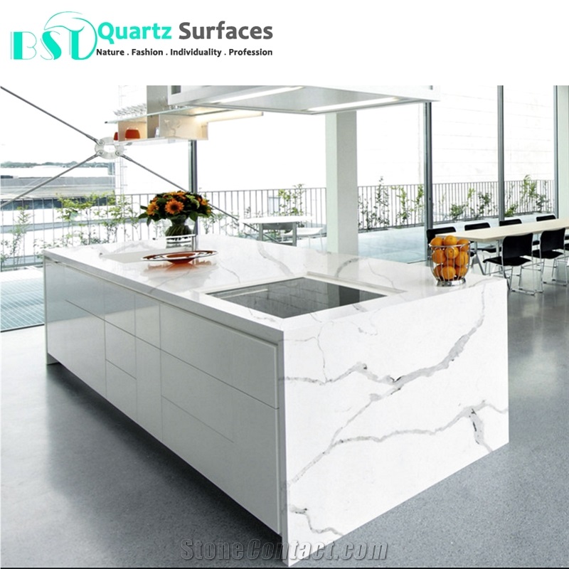 Prefab White Quartz Kitchen Countertops with Veins
