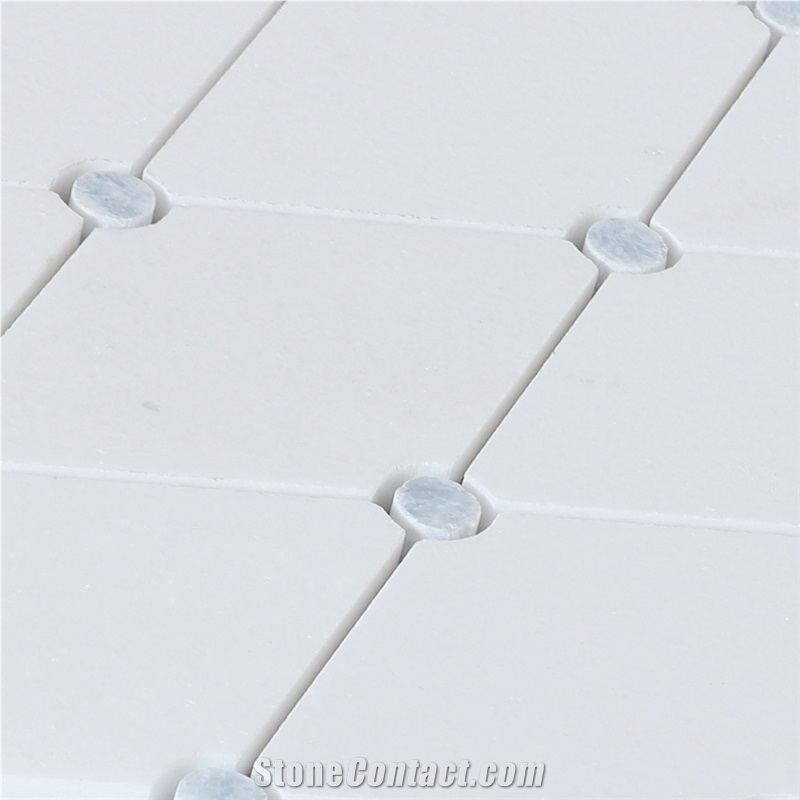 Thassos Marble Diamond with Blue Round Dot Mosaic