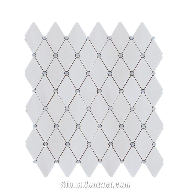 Thassos Marble Diamond with Blue Round Dot Mosaic