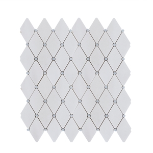 Thassos Marble Diamond with Blue Round Dot Mosaic