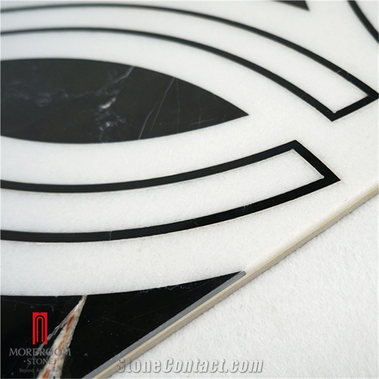 White Black Round Waterjet Medallion Marble Tile