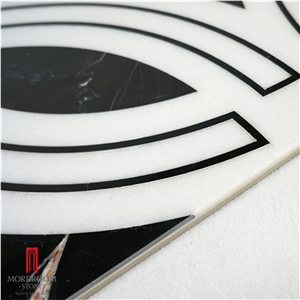 White Black Round Waterjet Medallion Marble Tile