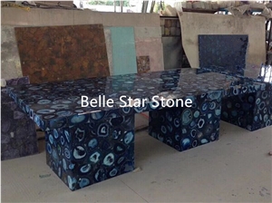 Blue Agate Backlit Semi Precious Stone Work Tables