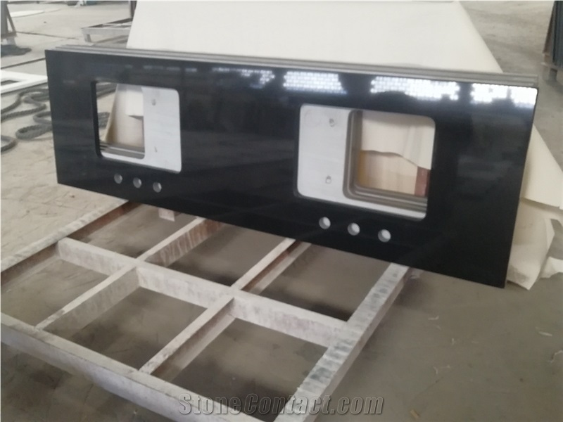 Pure Black Quartz Countertop Double Sink Cut Top