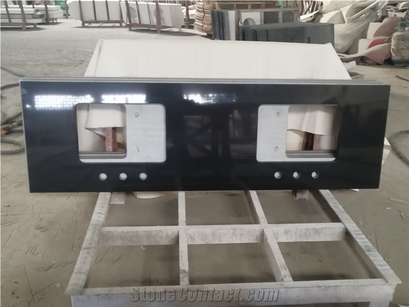 Pure Black Quartz Countertop Double Sink Cut Top