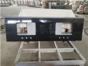 Pure Black Quartz Countertop Double Sink Cut Top