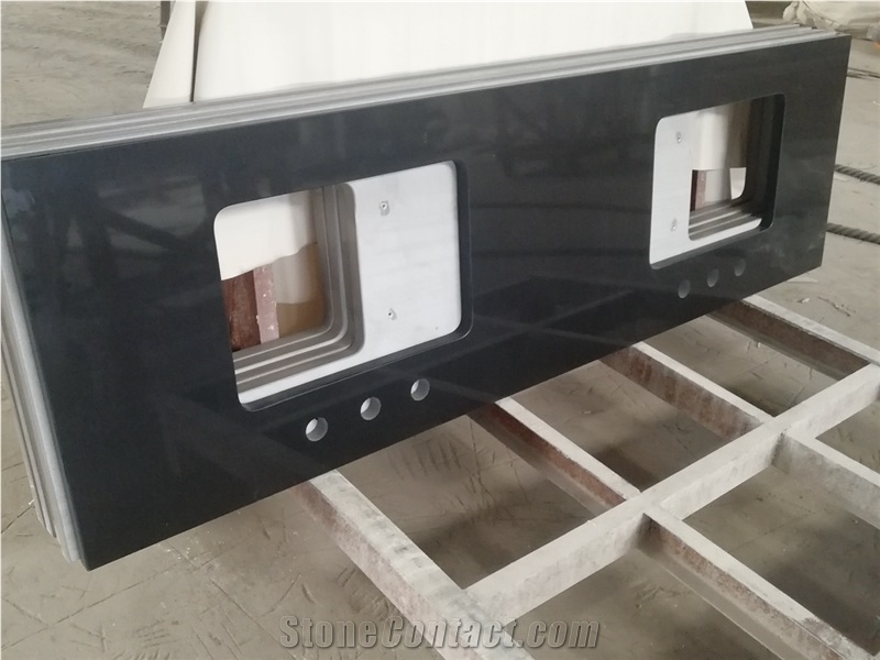 Pure Black Quartz Countertop Double Sink Cut Top
