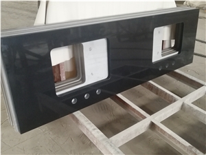 Pure Black Quartz Countertop Double Sink Cut Top