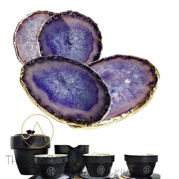 Golden Surround Purple Agate Coasters, Cup Trays