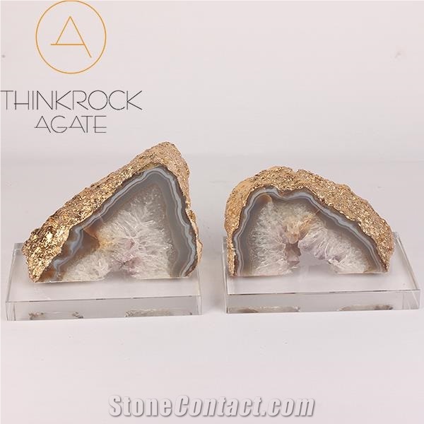 Polished Gemstone, Agate Bookends with Gold Edge