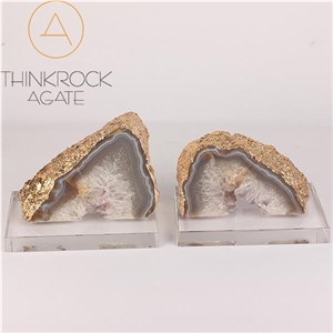 Polished Gemstone, Agate Bookends with Gold Edge
