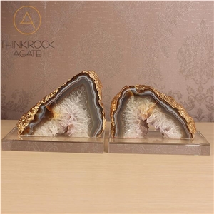 Polished Gemstone, Agate Bookends with Gold Edge