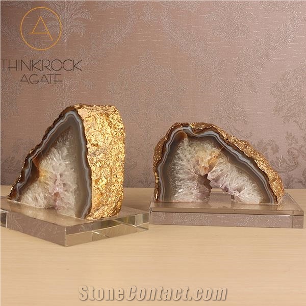 Polished Gemstone, Agate Bookends with Gold Edge