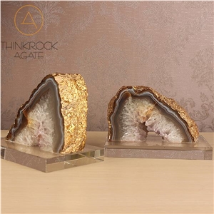 Polished Gemstone, Agate Bookends with Gold Edge
