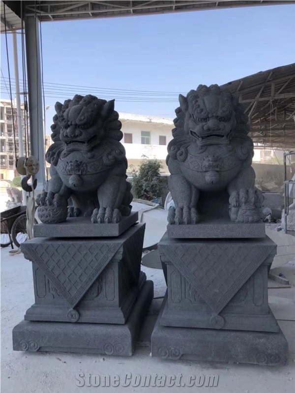 G654 Blue Granite Guardian Lions Sculpture