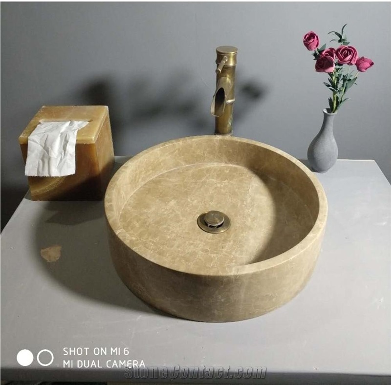 Beige Color Round Marble Basin for Hotel