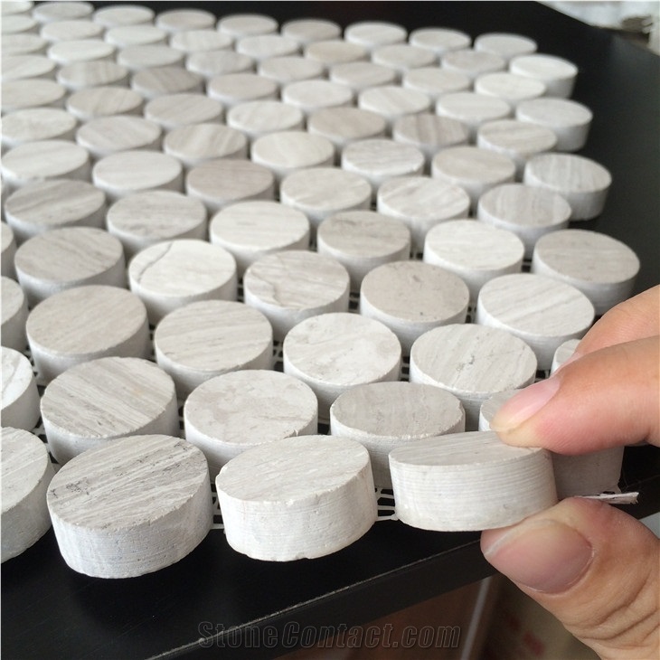 Circle White Wooden Marble Backsplash Mosaic Tiles