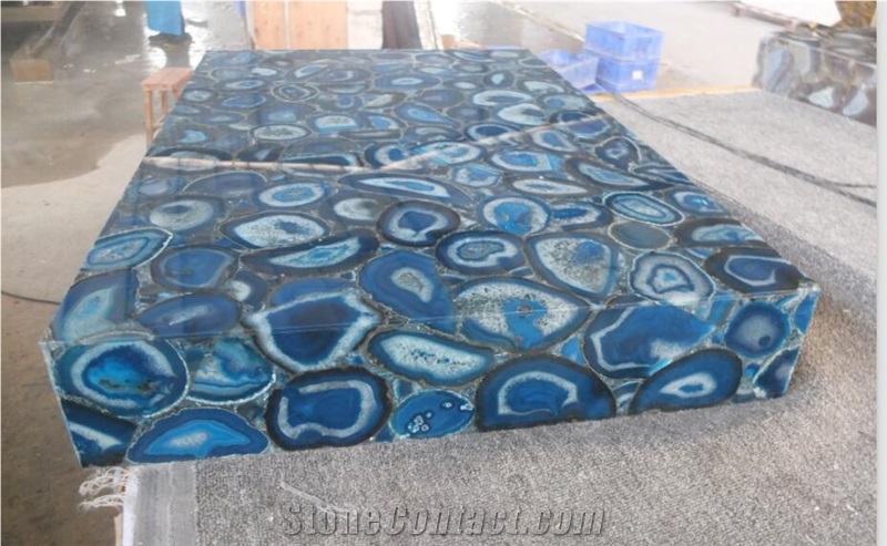 Blue Agate Semiprecious Stone Luxury Kitchen Counter Top Worktops