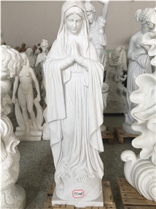 Polished Life Size White Marble Virgin Mary Statue