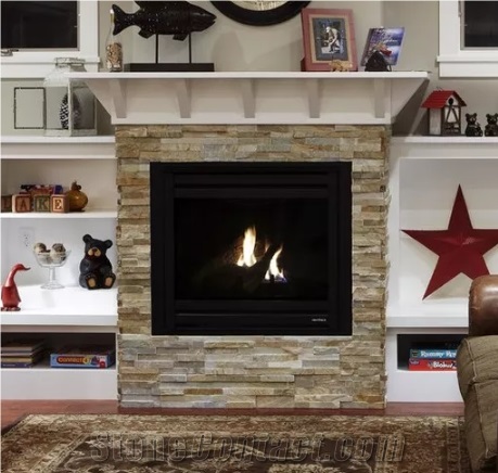 Slate Stacked Stone Veneer Fireplace Surround