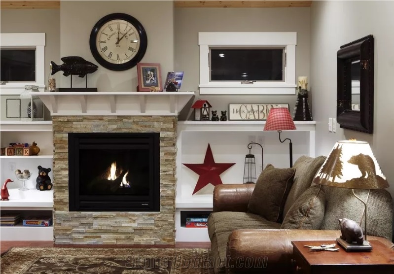 Slate Stacked Stone Veneer Fireplace Surround