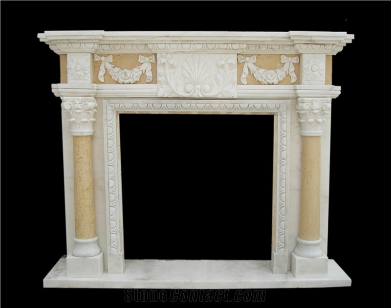 White Marble Handcarved Pillar Fireplace Mantels