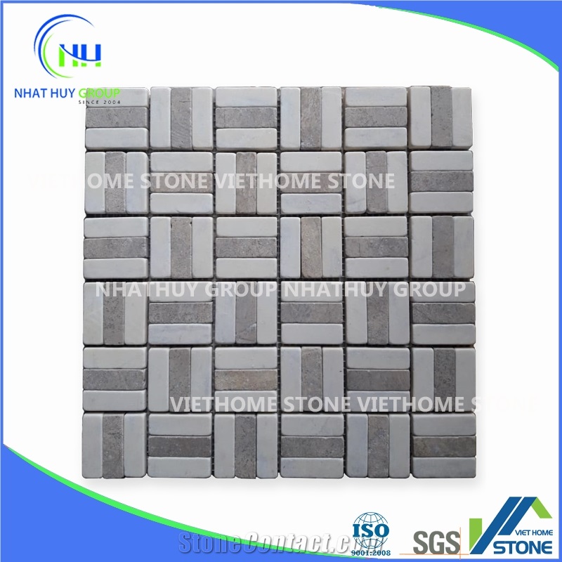 Crystal White and Silver Grey Marble Honed Tumbled Brick Chipped Mosaic