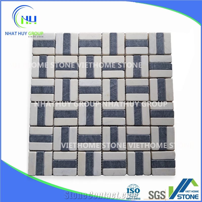 Crystal White and Silver Grey Marble Honed Tumbled Brick Chipped Mosaic