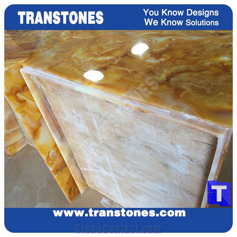 Yellow Spray Wave Faux Onyx Curved Reception Desk