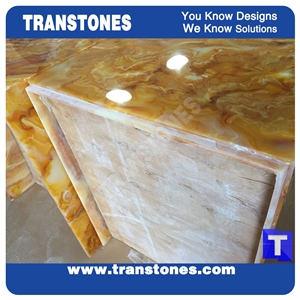 Yellow Spray Wave Faux Onyx Curved Reception Desk