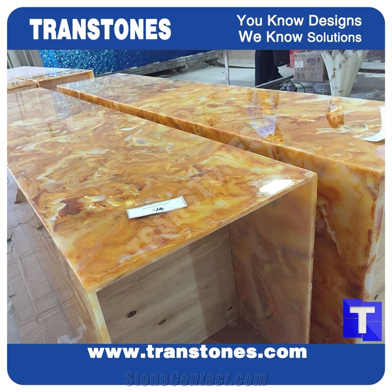 Yellow Spray Wave Faux Onyx Curved Reception Desk