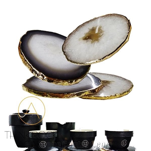 Gold Edge Grey Agate Coasters,Gemstone Cup Mat