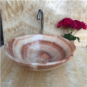 Polished Onice Red Onyx Round Bathroom Vessel Sink