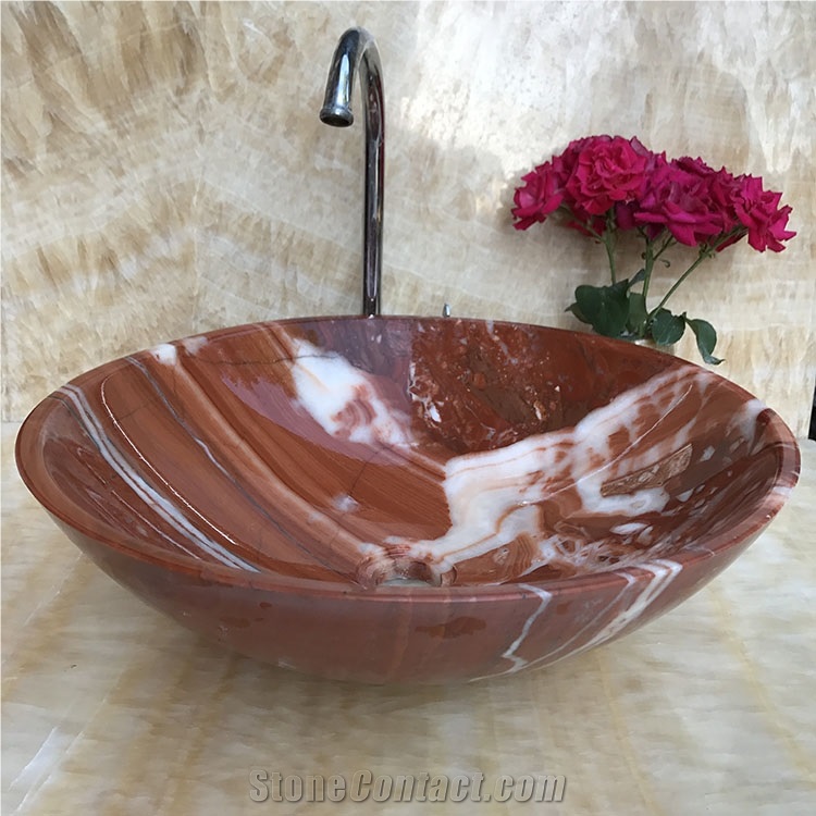 Polished Onice Red Onyx Round Bathroom Vessel Sink