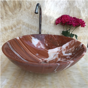 Polished Onice Red Onyx Round Bathroom Vessel Sink