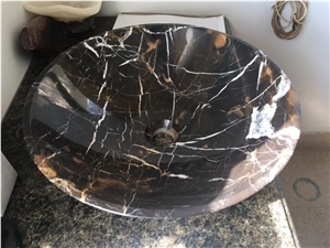 Round Black Gold Marble Bathroom Stone Basin Sinks