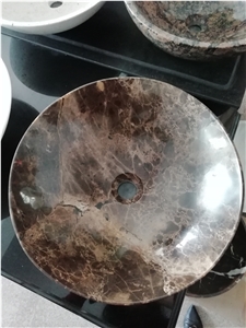 Round Dark Emperador Marble Bathroom Vessel Sinks