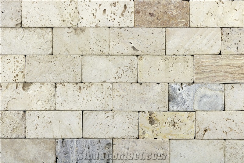 Dt 15 Usak Decorative Tumbled Natural Ivory Travertine Brick Mosaic Wall Cladding