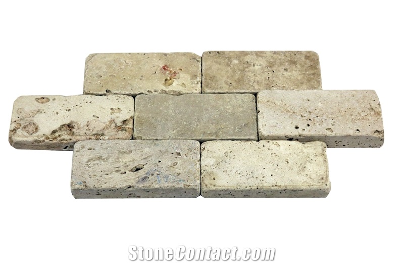 Dt 15 Usak Decorative Tumbled Natural Ivory Travertine Brick Mosaic Wall Cladding