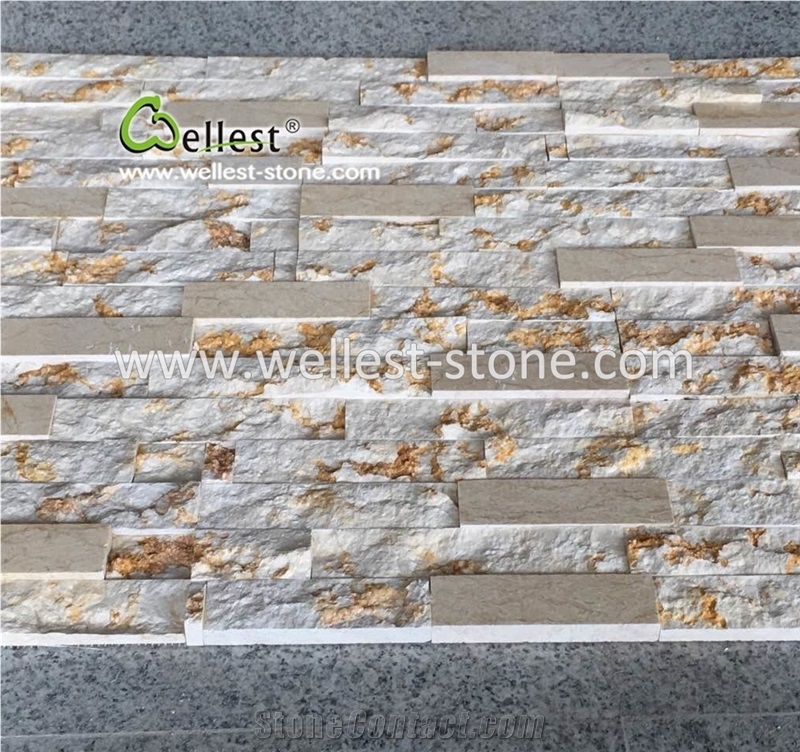 Beige Base Golden Texture Marbel Culture Stone Walling Panel Veneer