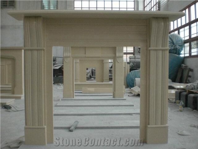 Beige Marble Fireplace Mantel Handcarved Flower Sculptured Fireplace