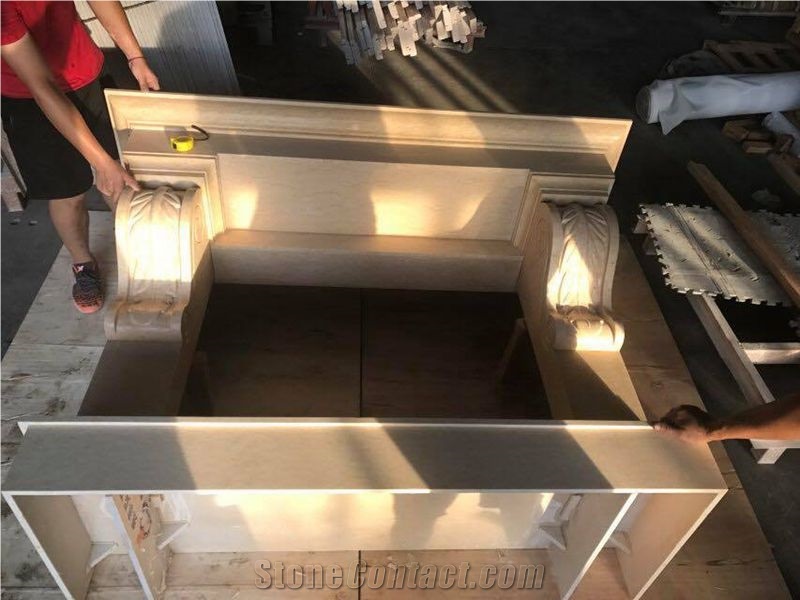 Beige Marble Fireplace Mantel Handcarved Flower Sculptured Fireplace