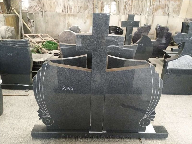 G654 Granite Headstone,Dark Grey Tombstone,Crossed Granite Monument