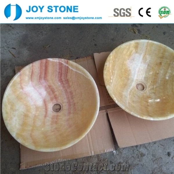 Customized Honey Onyx Buff Color Bathroom Round Polished Wash Basin