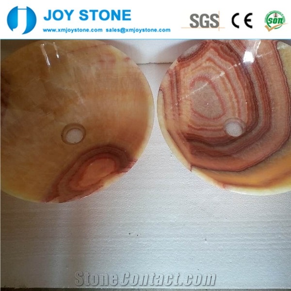 Handmade Red Vein China Honey Onyx Polished Round Wash Basin Sink