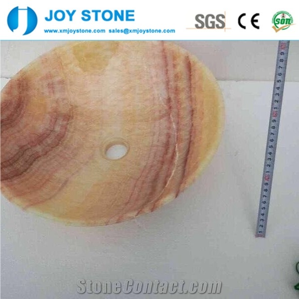 Handmade Red Vein China Honey Onyx Polished Round Wash Basin Sink