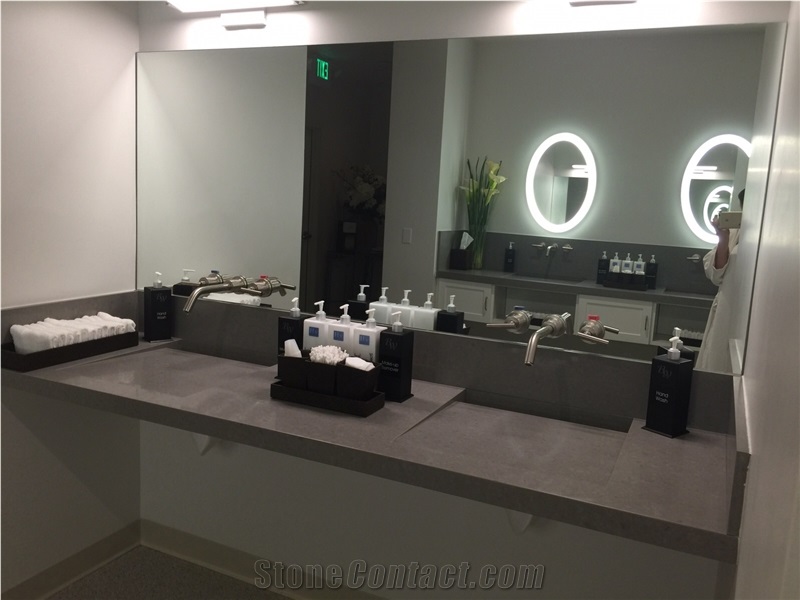 Commercial Bathroom Design, Ceramic Wall, Quartz Top