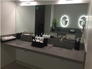 Commercial Bathroom Design, Ceramic Wall, Quartz Top